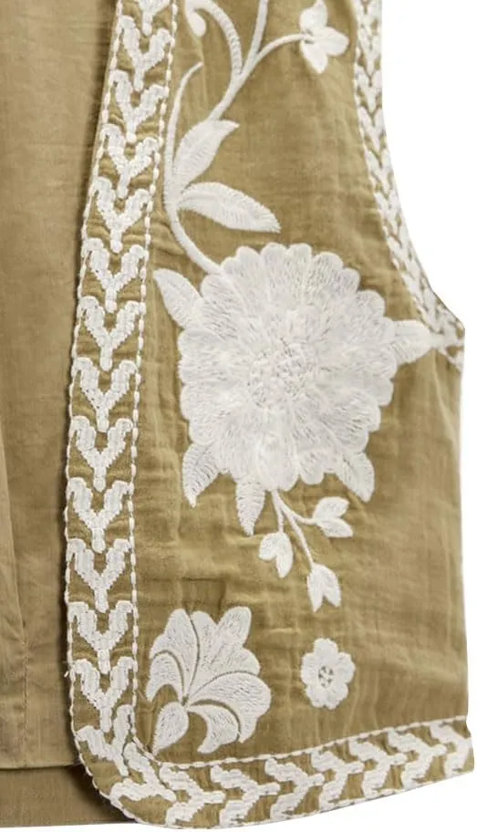 Women's Fashion Embroidered Vest Open Front Linen Ethnic Floral Crochet Tank Top Quilted Cotton Cowgirl Vest Jacket