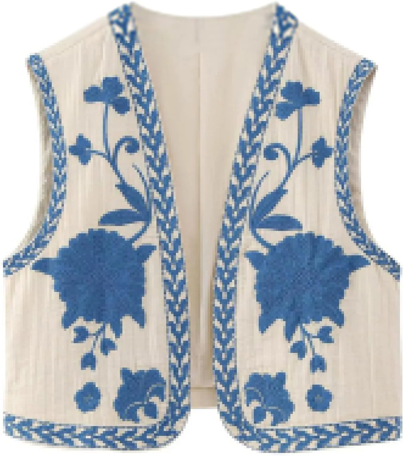Women's Fashion Embroidered Vest Open Front Linen Ethnic Floral Crochet Tank Top Quilted Cotton Cowgirl Vest Jacket