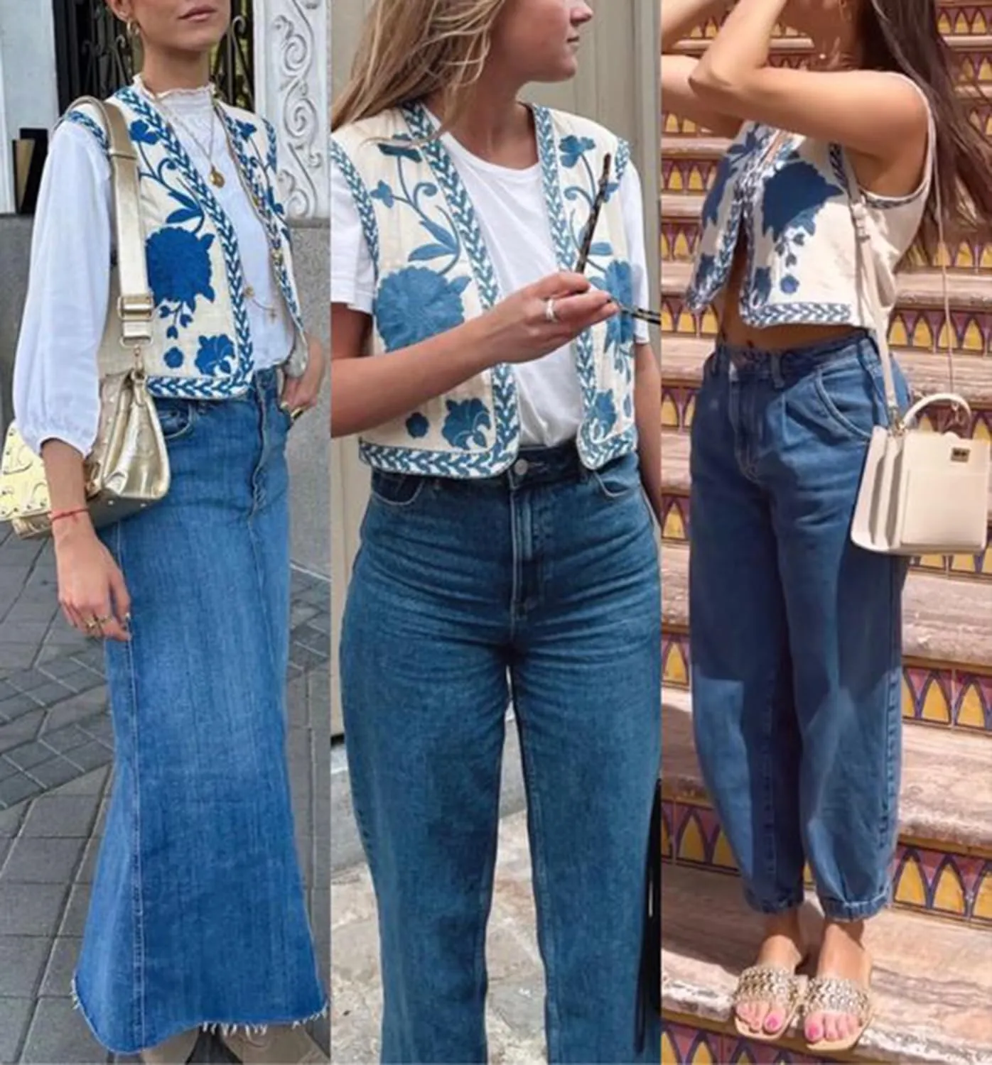 Women's Fashion Embroidered Vest Open Front Linen Ethnic Floral Crochet Tank Top Quilted Cotton Cowgirl Vest Jacket