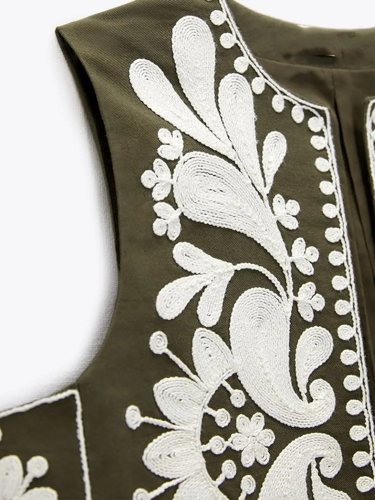 Women's Fashion Embroidered Vest Open Front Linen Ethnic Floral Crochet Tank Top Quilted Cotton Cowgirl Vest Jacket
