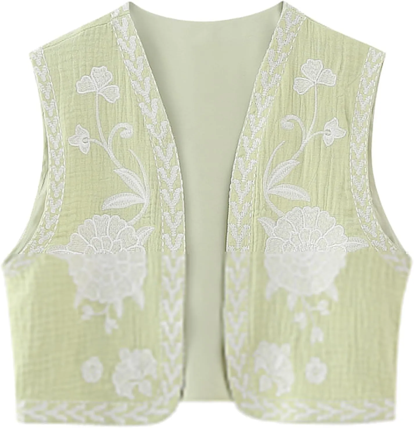 Women's Fashion Embroidered Vest Open Front Linen Ethnic Floral Crochet Tank Top Quilted Cotton Cowgirl Vest Jacket