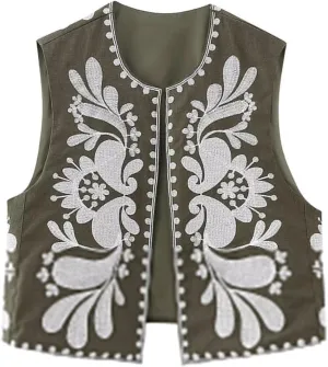 Women's Fashion Embroidered Vest Open Front Linen Ethnic Floral Crochet Tank Top Quilted Cotton Cowgirl Vest Jacket