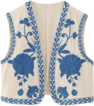 Women's Fashion Embroidered Vest Open Front Linen Ethnic Floral Crochet Tank Top Quilted Cotton Cowgirl Vest Jacket