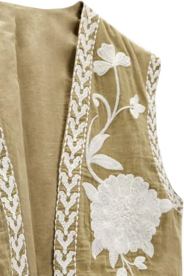 Women's Fashion Embroidered Vest Open Front Linen Ethnic Floral Crochet Tank Top Quilted Cotton Cowgirl Vest Jacket