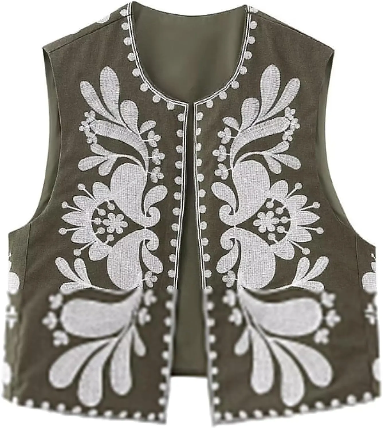 Women's Fashion Embroidered Vest Open Front Linen Ethnic Floral Crochet Tank Top Quilted Cotton Cowgirl Vest Jacket
