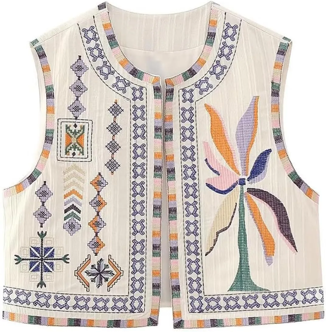Women's Fashion Embroidered Vest Open Front Linen Ethnic Floral Crochet Tank Top Quilted Cotton Cowgirl Vest Jacket