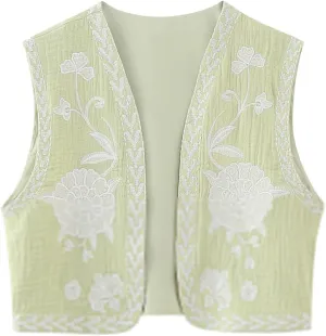 Women's Fashion Embroidered Vest Open Front Linen Ethnic Floral Crochet Tank Top Quilted Cotton Cowgirl Vest Jacket