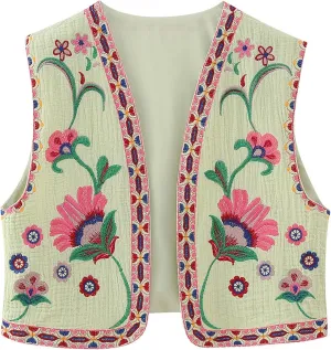 Women's Fashion Embroidered Vest Open Front Linen Ethnic Floral Crochet Tank Top Quilted Cotton Cowgirl Vest Jacket