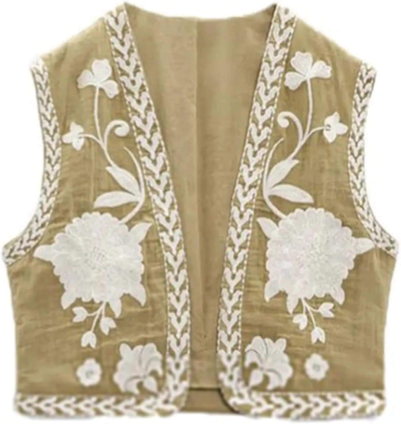 Women's Fashion Embroidered Vest Open Front Linen Ethnic Floral Crochet Tank Top Quilted Cotton Cowgirl Vest Jacket