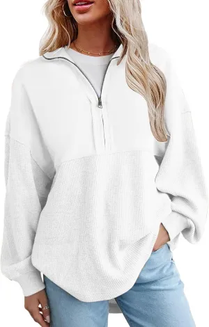 Women'S Fashion Sweatshirts Waffle Knit Sweatshirt Half Zip Cropped Pullover Spliced Fleece Quarter Zipper Sweatshirt