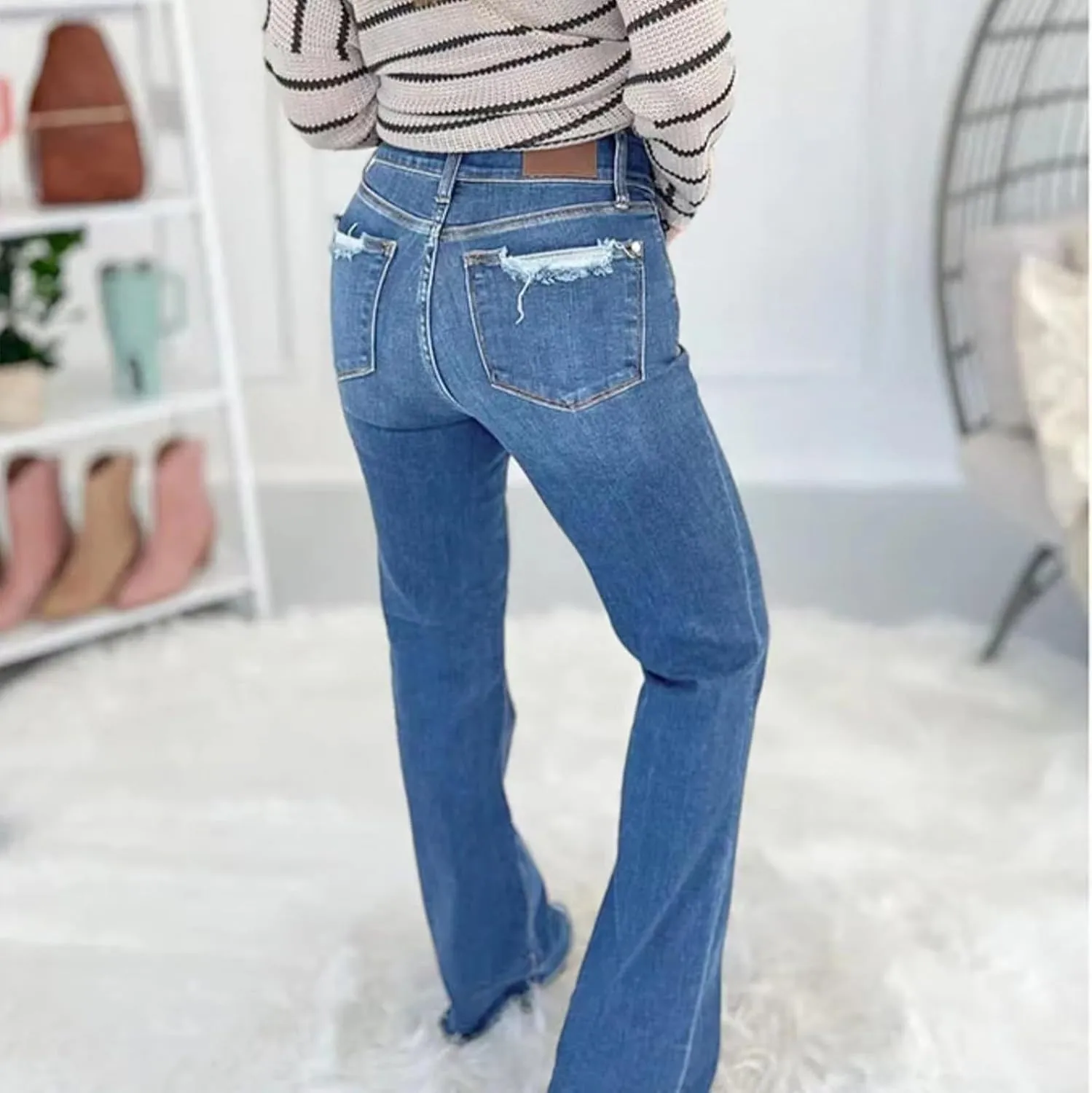 Womens Flare Jeans High Waisted Slim Fit Baggy Casual Workout Trousers for Women Stretch Denim Pants with Pockets