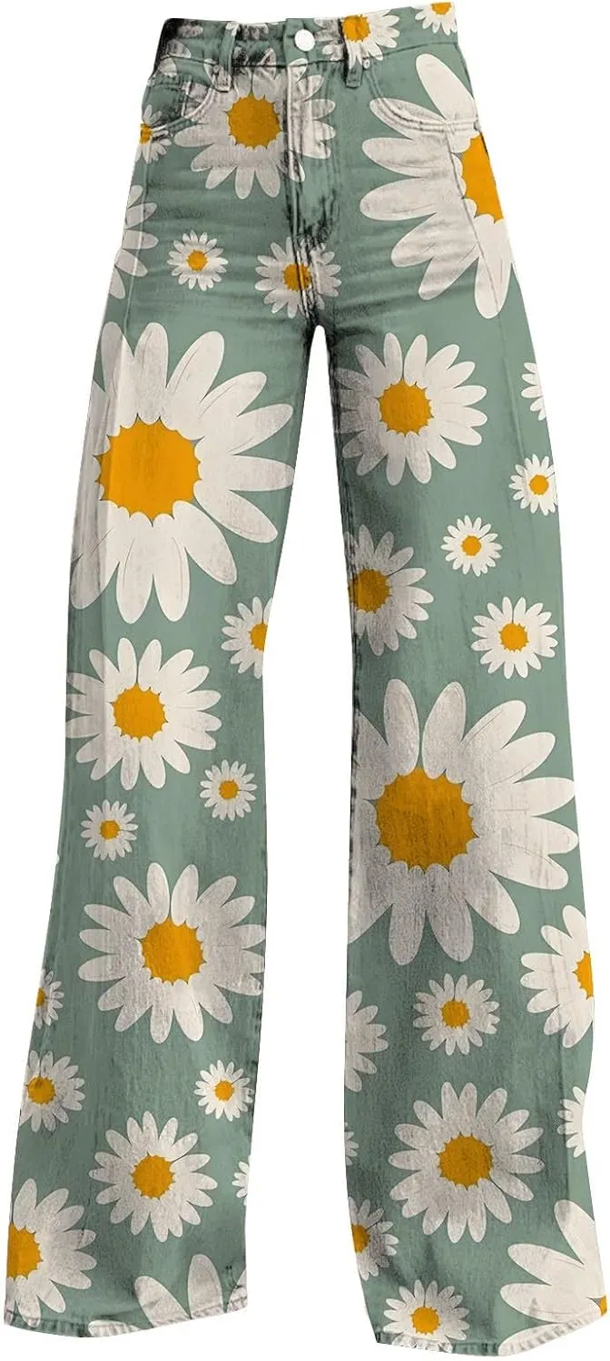 Women's Flare Jeans Wide Leg Baggy Pant 2025 Vintage Floral Print High Waisted Straight Stretch Pants with Pockets