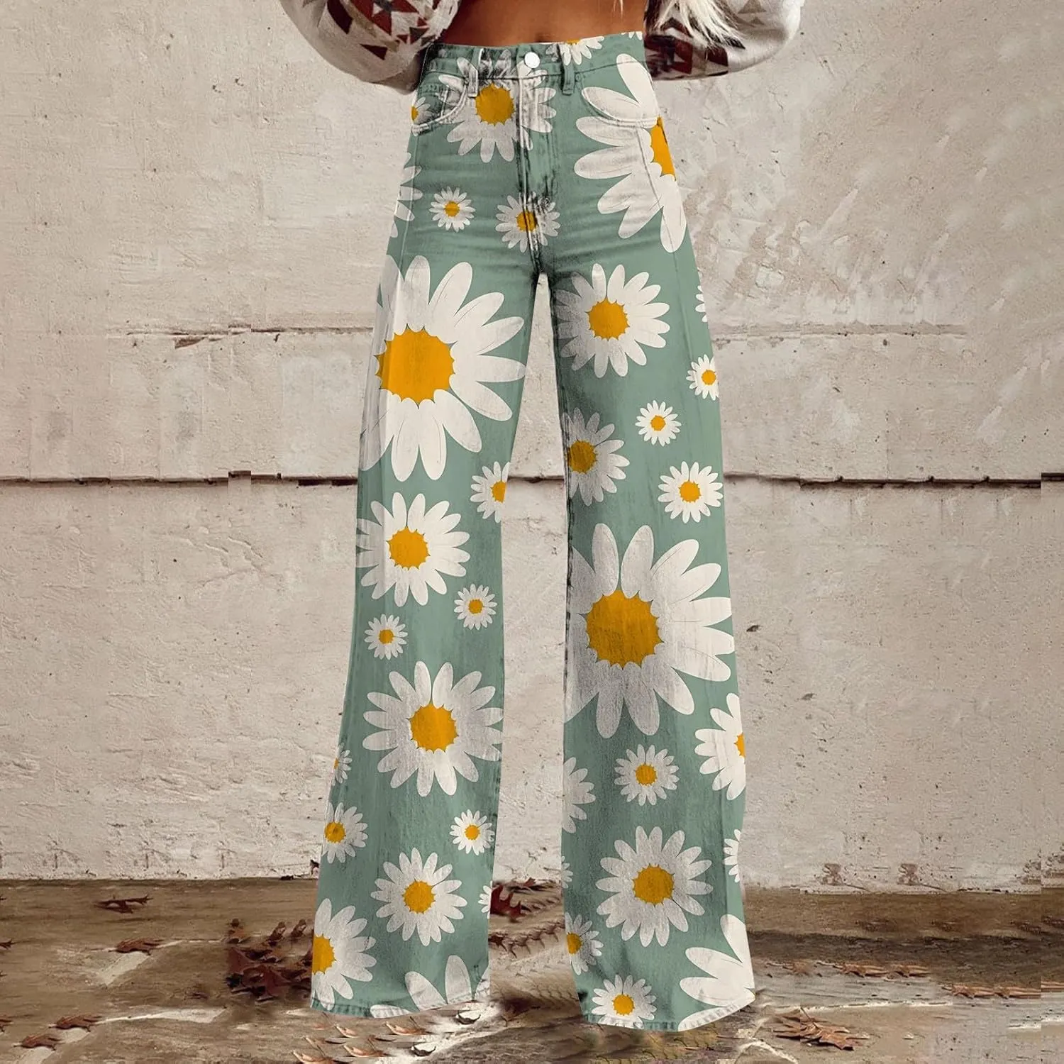 Women's Flare Jeans Wide Leg Baggy Pant 2025 Vintage Floral Print High Waisted Straight Stretch Pants with Pockets