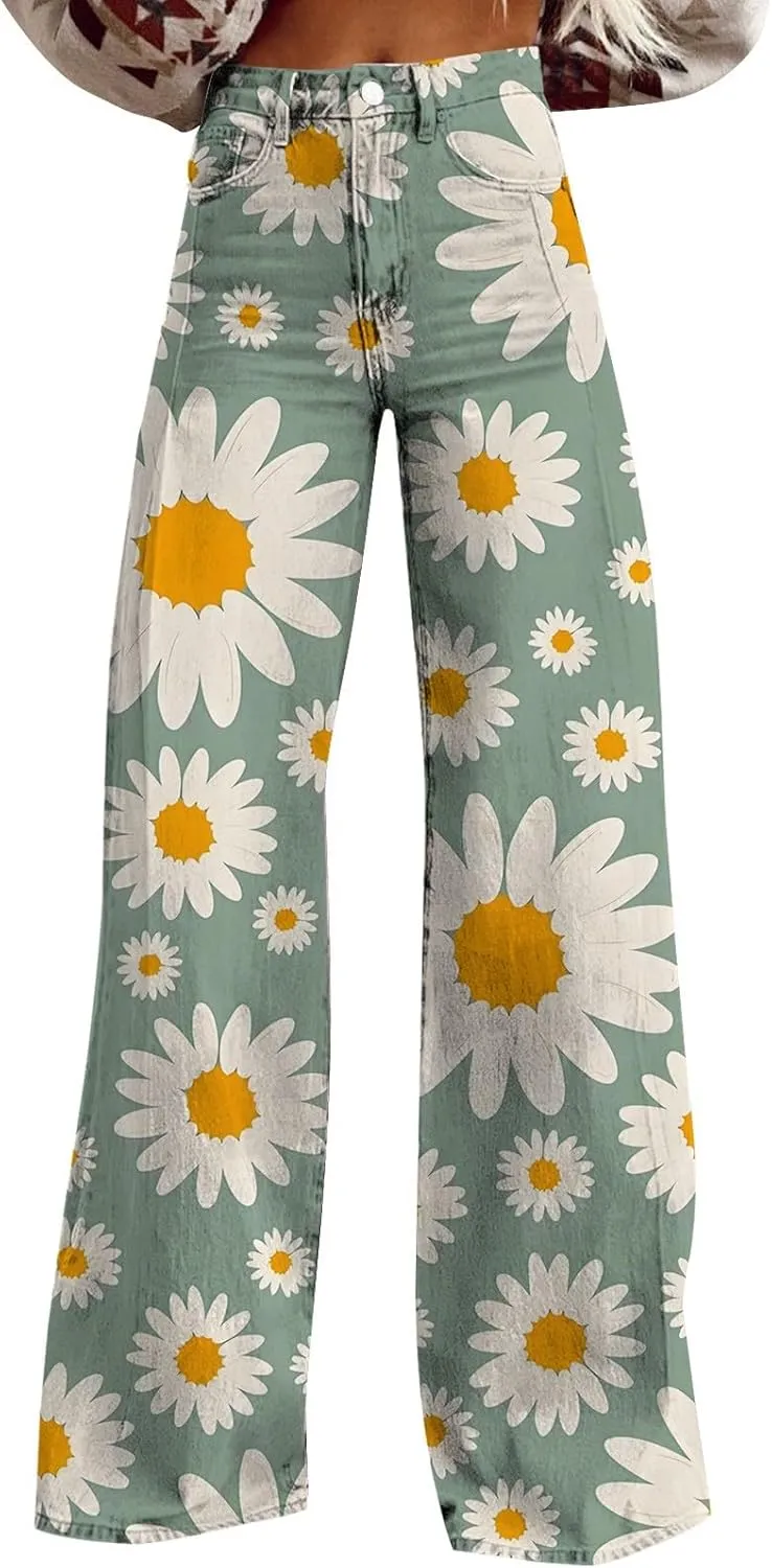 Women's Flare Jeans Wide Leg Baggy Pant 2025 Vintage Floral Print High Waisted Straight Stretch Pants with Pockets