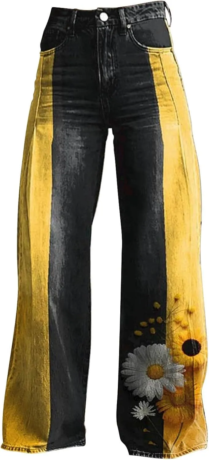 Women's Flare Jeans Wide Leg Baggy Pant Vintage Floral Printed High Waisted Straight Stretch Pants with Pockets