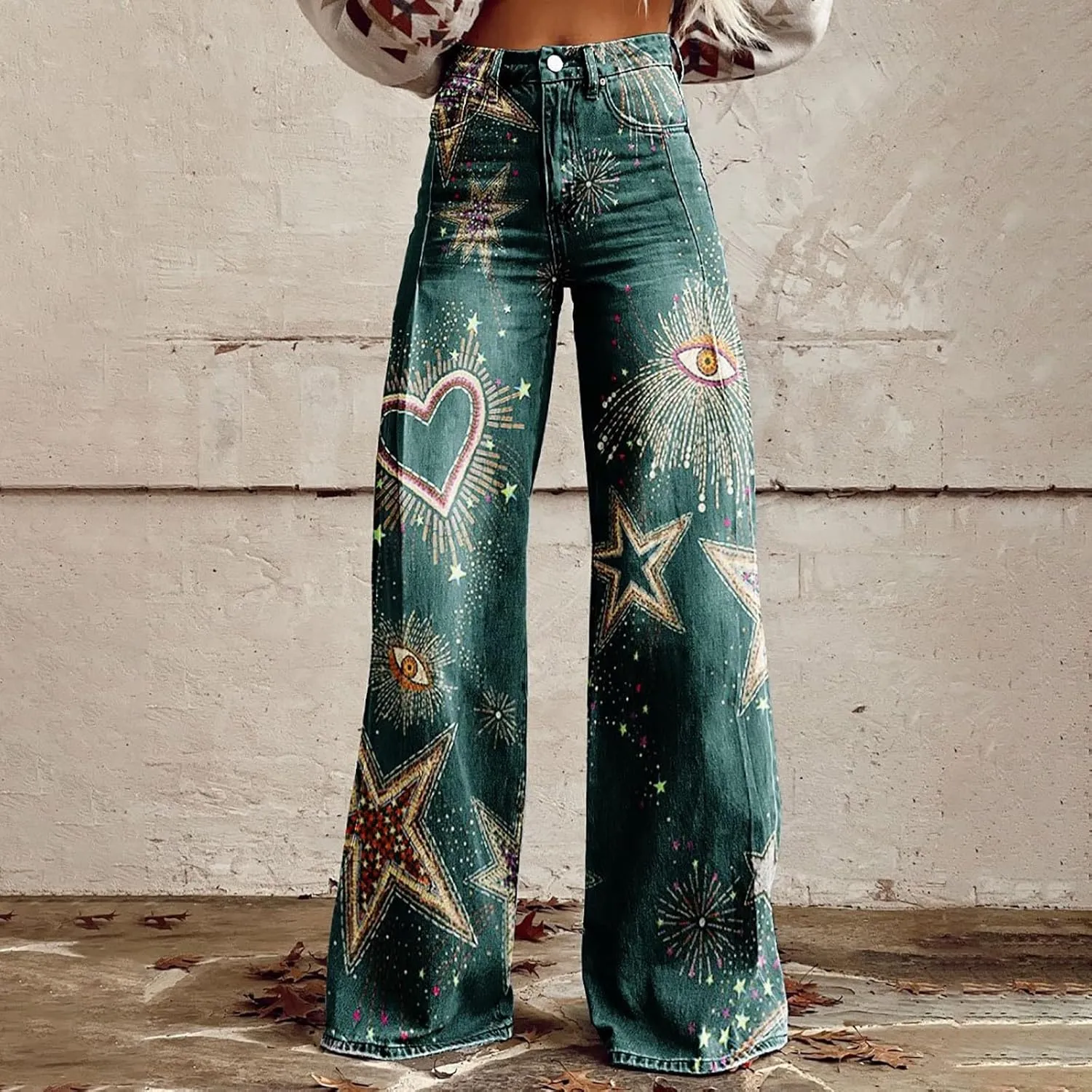 Women's Flare Jeans Wide Leg Baggy Pant Vintage Floral Printed High Waisted Straight Stretch Pants with Pockets