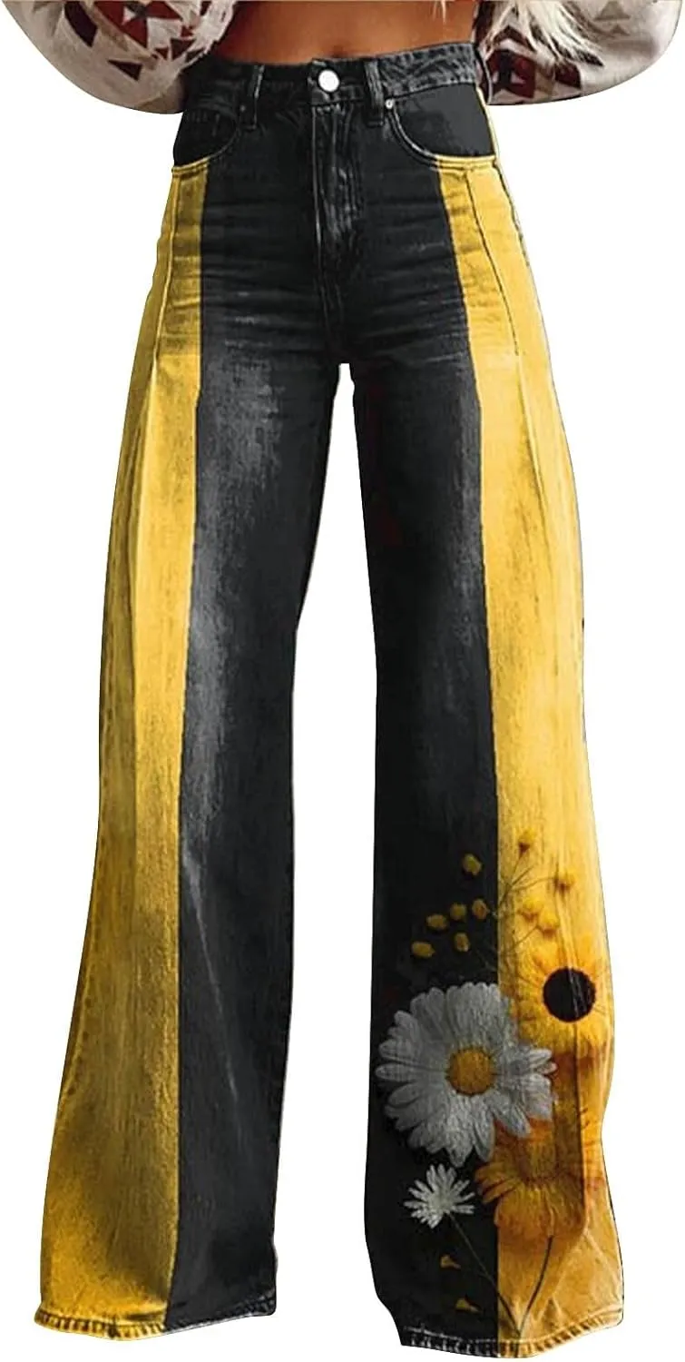 Women's Flare Jeans Wide Leg Baggy Pant Vintage Floral Printed High Waisted Straight Stretch Pants with Pockets