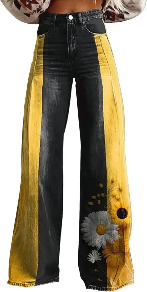 Women's Flare Jeans Wide Leg Baggy Pant Vintage Floral Printed High Waisted Straight Stretch Pants with Pockets