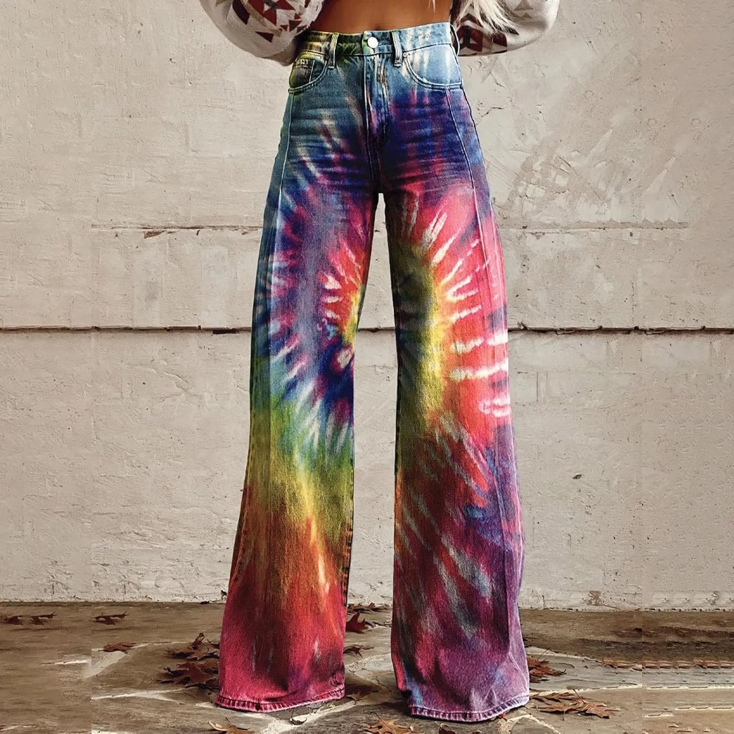 Women's Flare Jeans Wide Leg Baggy Pant Vintage Floral Printed High Waisted Straight Stretch Pants with Pockets