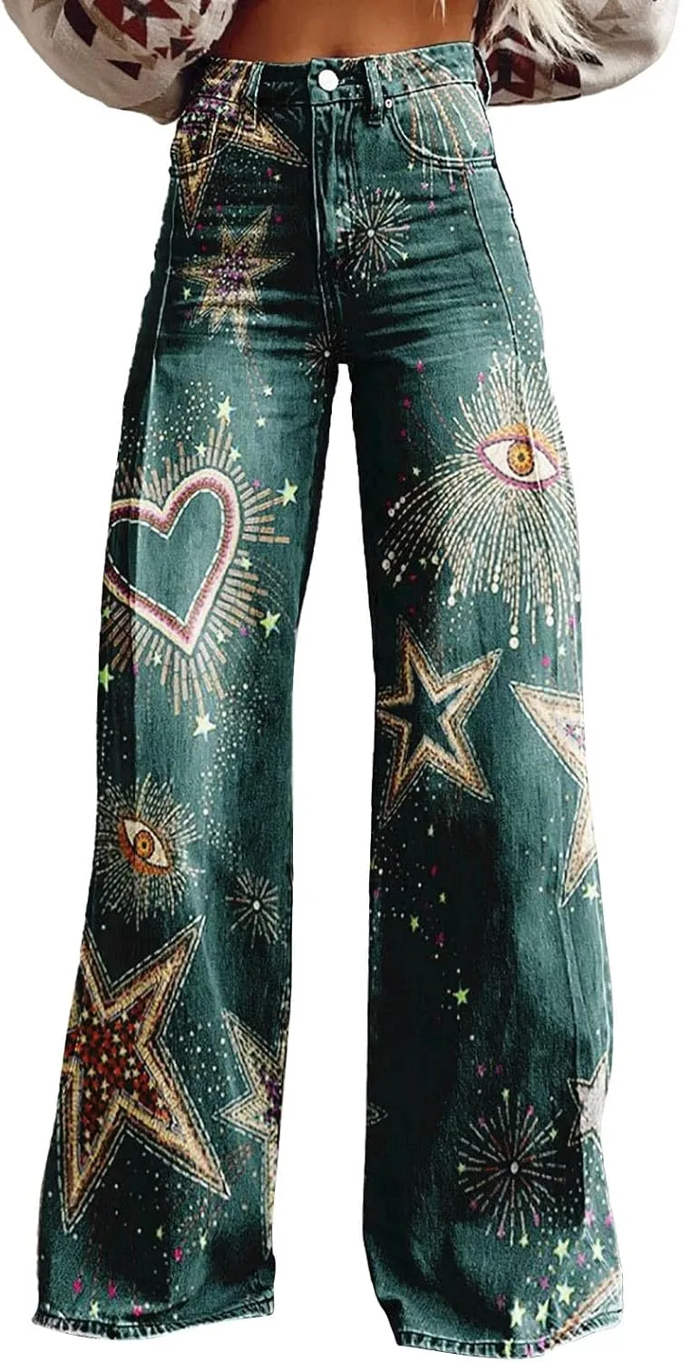 Women's Flare Jeans Wide Leg Baggy Pant Vintage Floral Printed High Waisted Straight Stretch Pants with Pockets