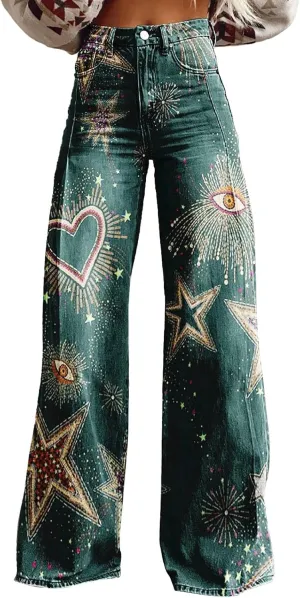 Women's Flare Jeans Wide Leg Baggy Pant Vintage Floral Printed High Waisted Straight Stretch Pants with Pockets