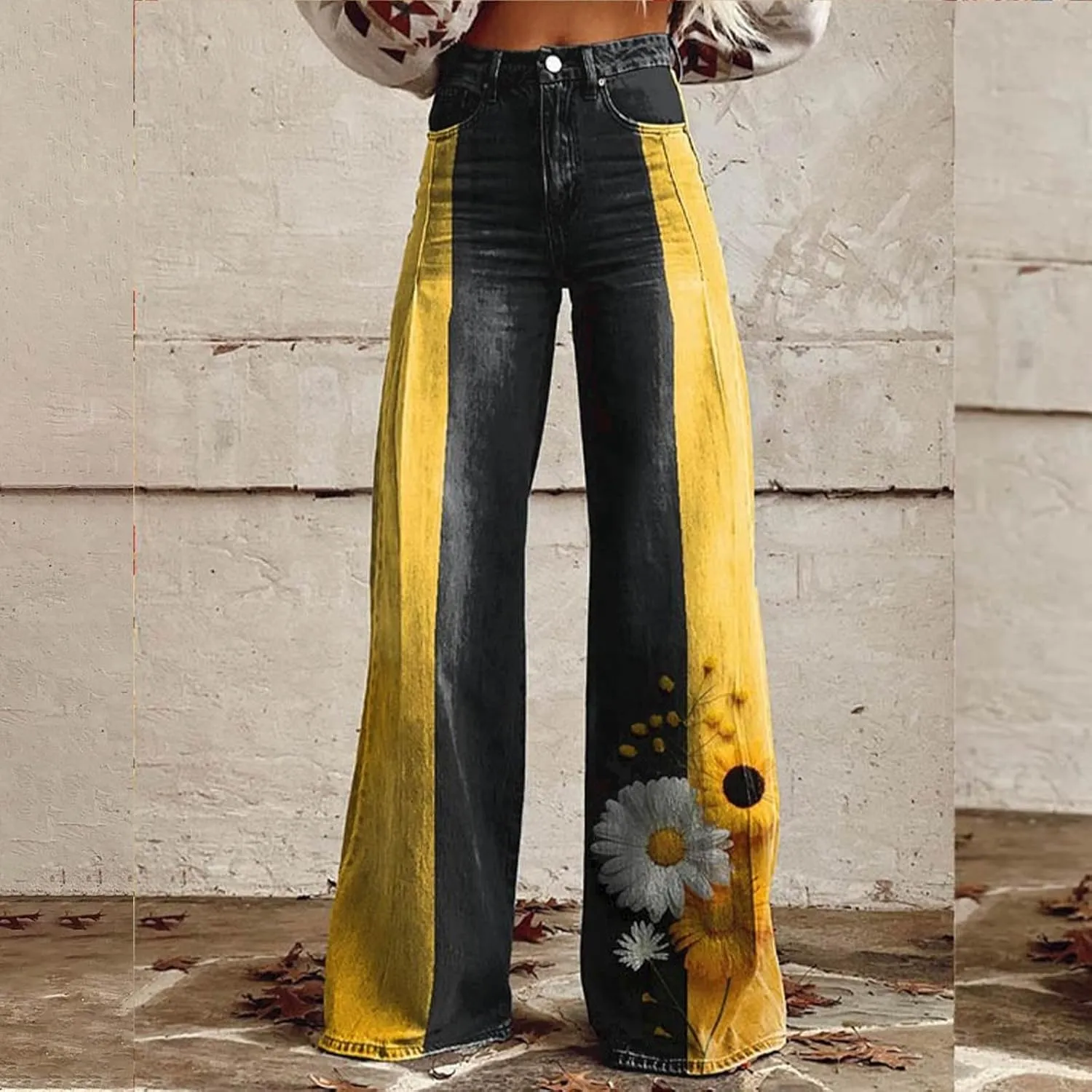 Women's Flare Jeans Wide Leg Baggy Pant Vintage Floral Printed High Waisted Straight Stretch Pants with Pockets