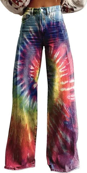 Women's Flare Jeans Wide Leg Baggy Pant Vintage Floral Printed High Waisted Straight Stretch Pants with Pockets