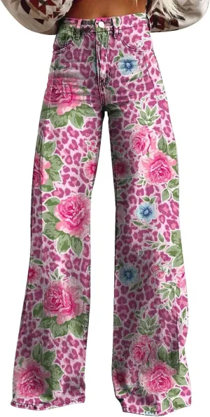 Women's Flare Jeans Wide Leg Baggy Pant Vintage Floral Printed High Waisted Straight Stretch Pants with Pockets