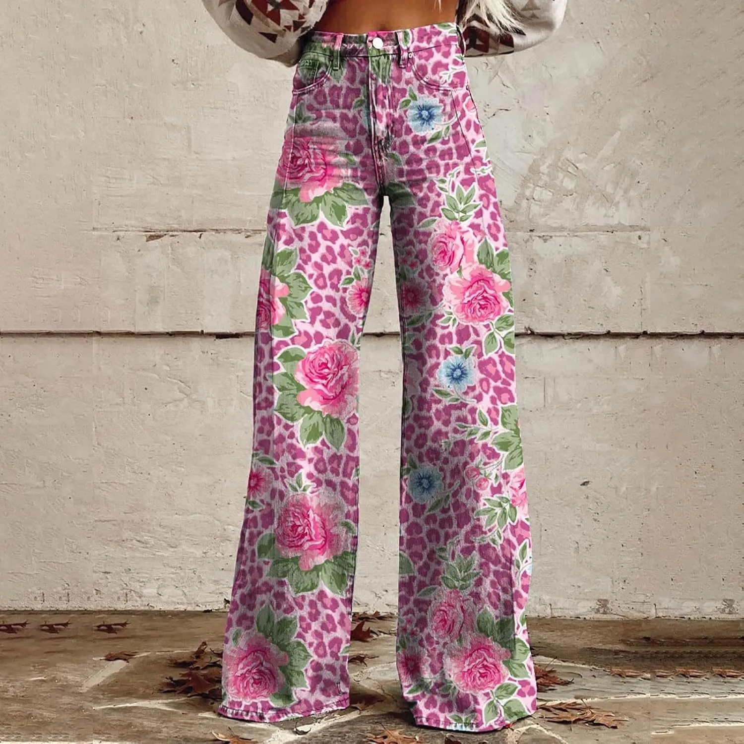 Women's Flare Jeans Wide Leg Baggy Pant Vintage Floral Printed High Waisted Straight Stretch Pants with Pockets