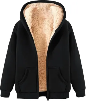 Womens Fleece Jacket Plus Size Fleece Lined Hoodie Winter Warm Sherpa Lined Sweatshirts Full Zip Up Jackets Coats