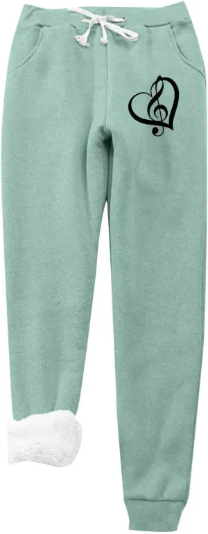 Women's Fleece Lined Joggers 2023 Drawstring Cute Heart Graphic Warm Winter Sherpa Pants High Waisted Athletic Fit Sweatpants