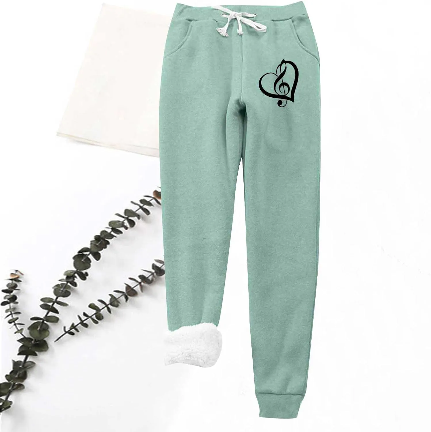 Women's Fleece Lined Joggers 2023 Drawstring Cute Heart Graphic Warm Winter Sherpa Pants High Waisted Athletic Fit Sweatpants