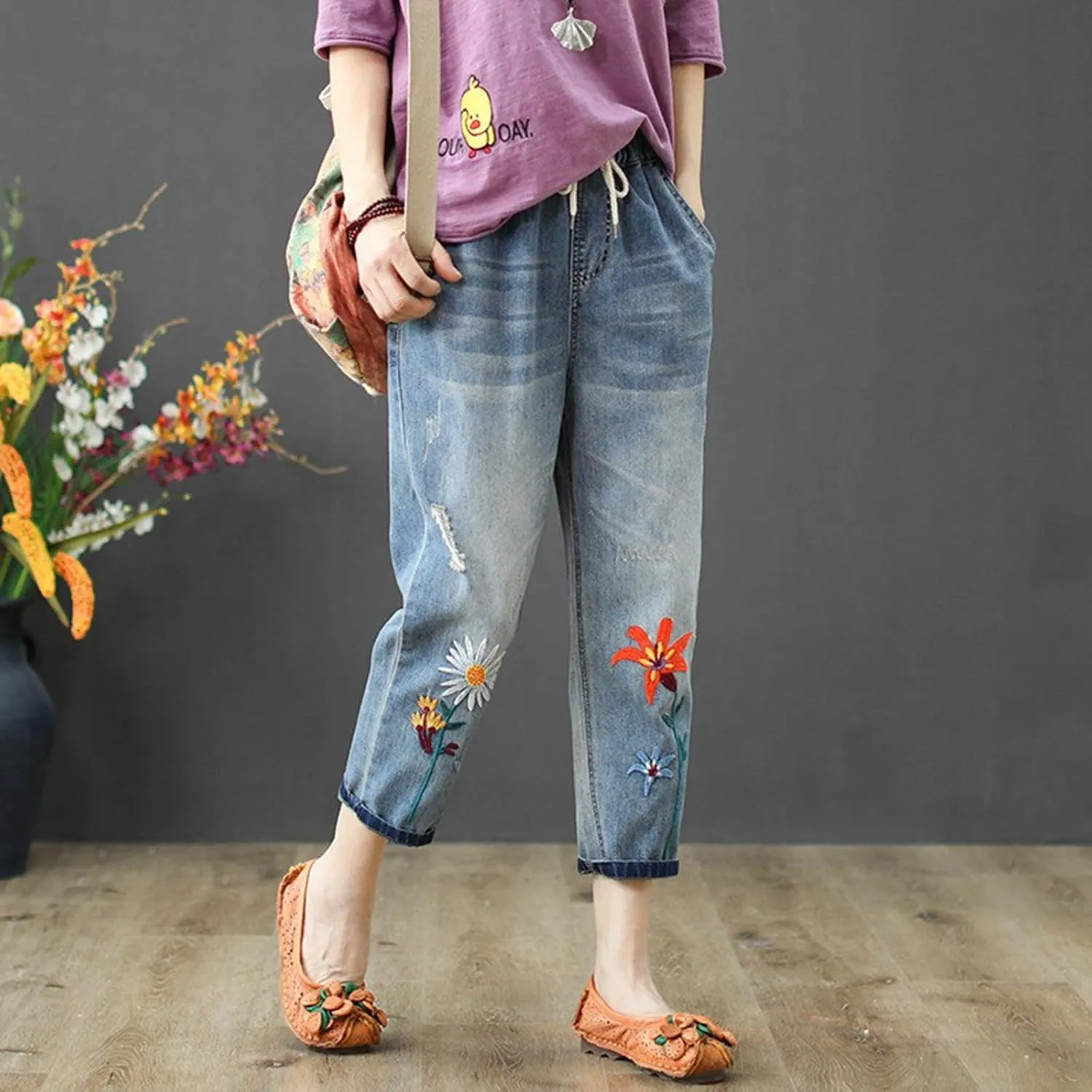 Women's Floral Embroidered Denim Pants Wide Leg Baggy Barrel Jeans Tapered Bottom Trousers Straight Cropped Pants