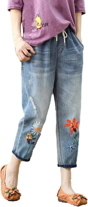 Women's Floral Embroidered Denim Pants Wide Leg Baggy Barrel Jeans Tapered Bottom Trousers Straight Cropped Pants