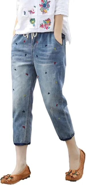 Women's Floral Embroidered Denim Pants Wide Leg Baggy Barrel Jeans Tapered Bottom Trousers Straight Cropped Pants