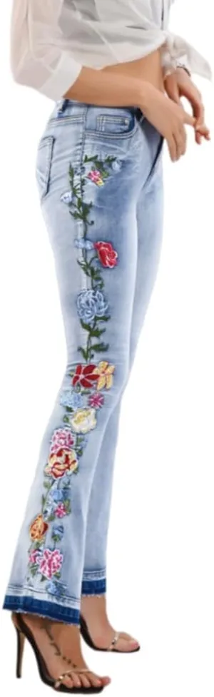 Womens Floral Embroidered High Waisted Flare Bell Bottom Jeans 70s Outfits Bootcut Jeans Wide Leg Long Denim Pants