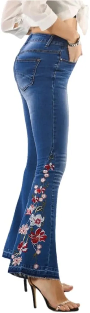 Womens Floral Embroidered High Waisted Flare Bell Bottom Jeans 70s Outfits Bootcut Jeans Wide Leg Long Denim Pants