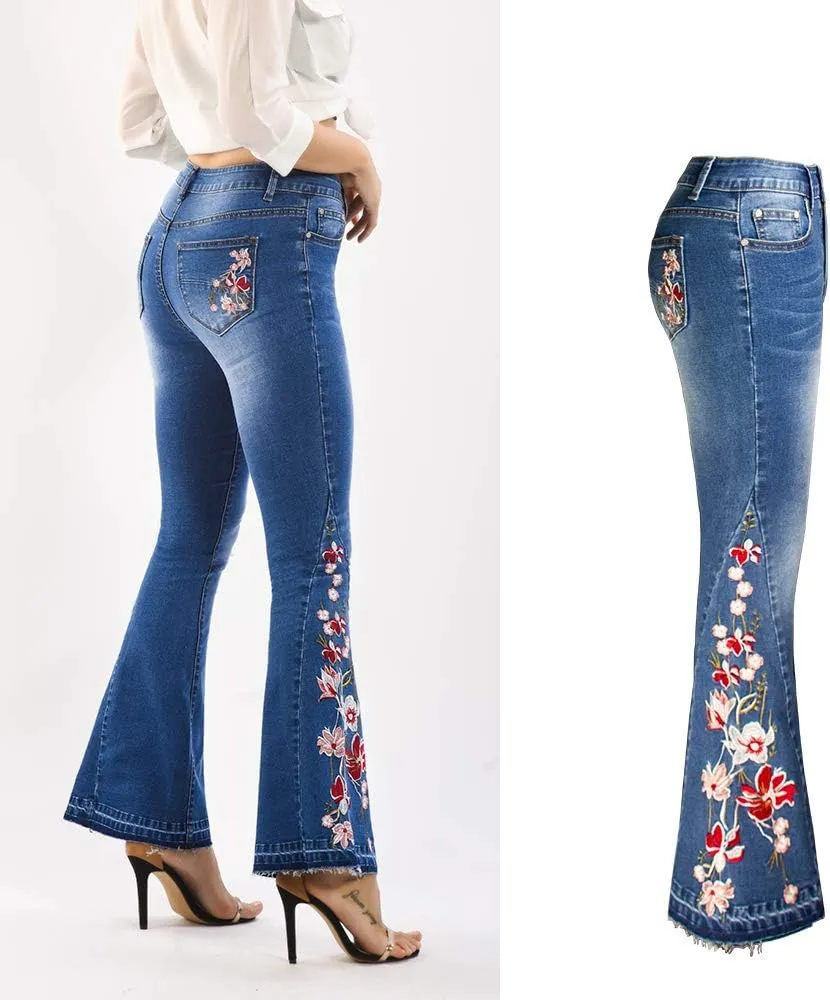 Womens Floral Embroidered High Waisted Flare Bell Bottom Jeans 70s Outfits Bootcut Jeans Wide Leg Long Denim Pants