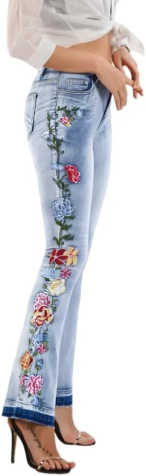 Womens Floral Embroidered High Waisted Flare Bell Bottom Jeans 70s Outfits Bootcut Jeans Wide Leg Long Denim Pants