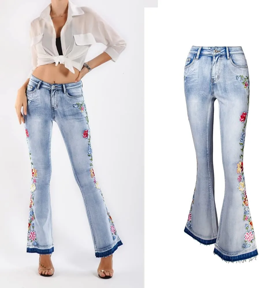 Womens Floral Embroidered High Waisted Flare Bell Bottom Jeans 70s Outfits Bootcut Jeans Wide Leg Long Denim Pants
