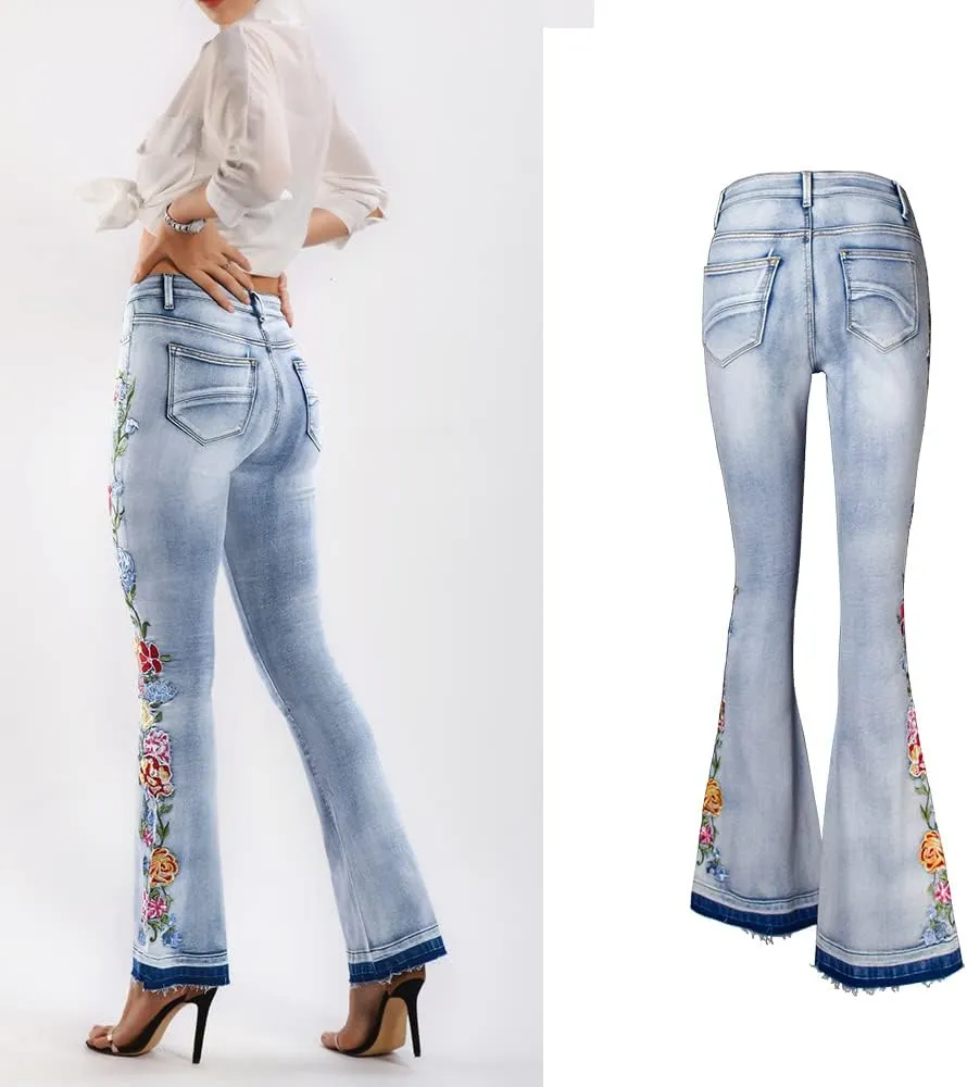 Womens Floral Embroidered High Waisted Flare Bell Bottom Jeans 70s Outfits Bootcut Jeans Wide Leg Long Denim Pants
