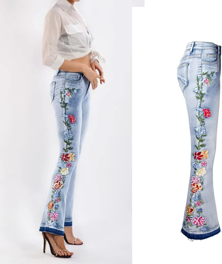 Womens Floral Embroidered High Waisted Flare Bell Bottom Jeans 70s Outfits Bootcut Jeans Wide Leg Long Denim Pants