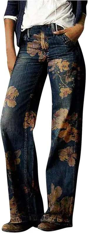 Women's Flower Printed Jeans Stretchy High Waisted Trouser Baggy Straight Wide Leg Casual Imitation Denim Pants