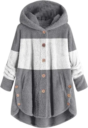 Women's Fuzzy Warm Pullover Tops Button Down Long Sleeve Hooded Sweatshirts Fluffy Soft Fleece Jackets Sweaters