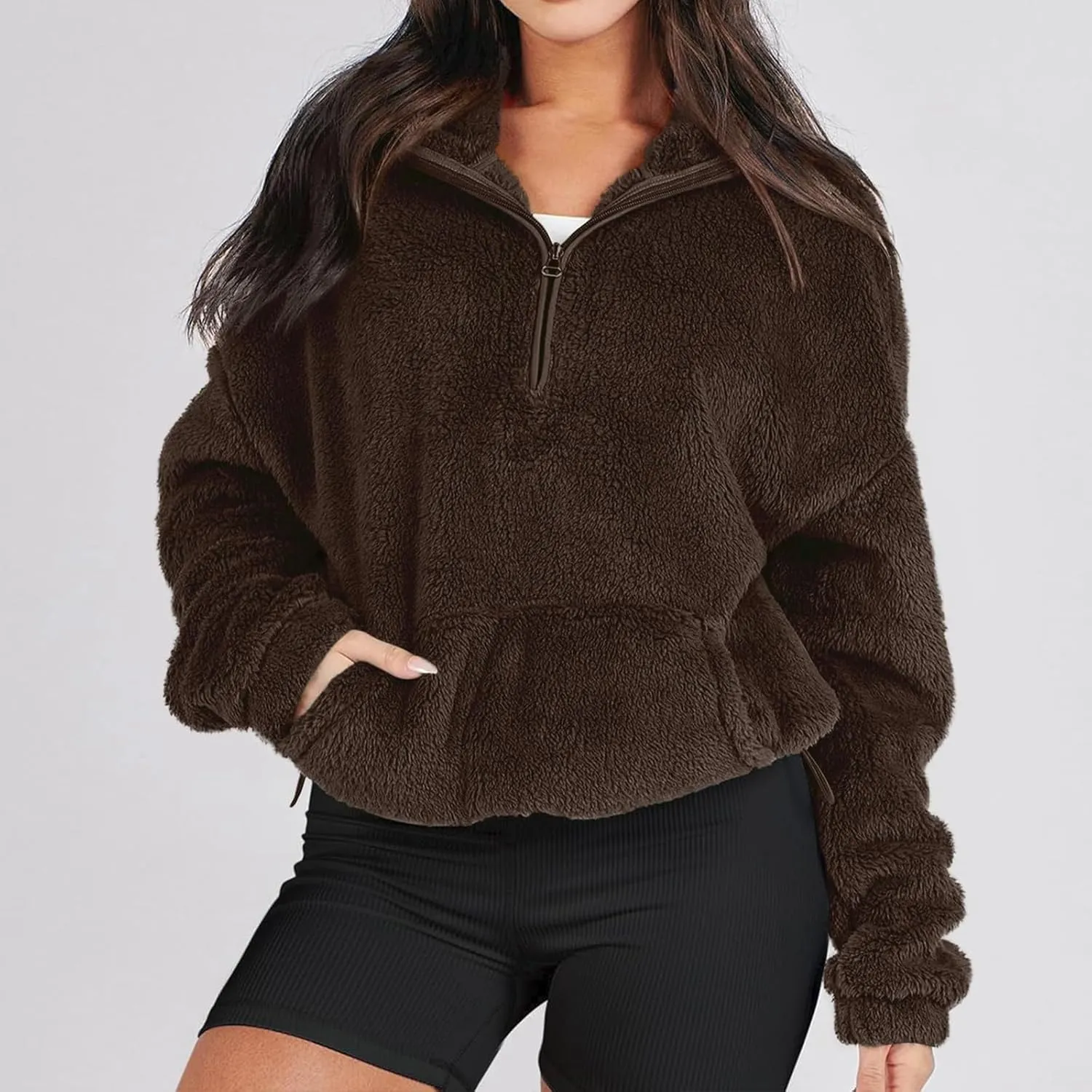 Womens Half Zip Pullover Cropped Sherpa Fuzzy Fleece Sweatshirt Stand Collar Loose Fall Outfits Warm Winter Clothes
