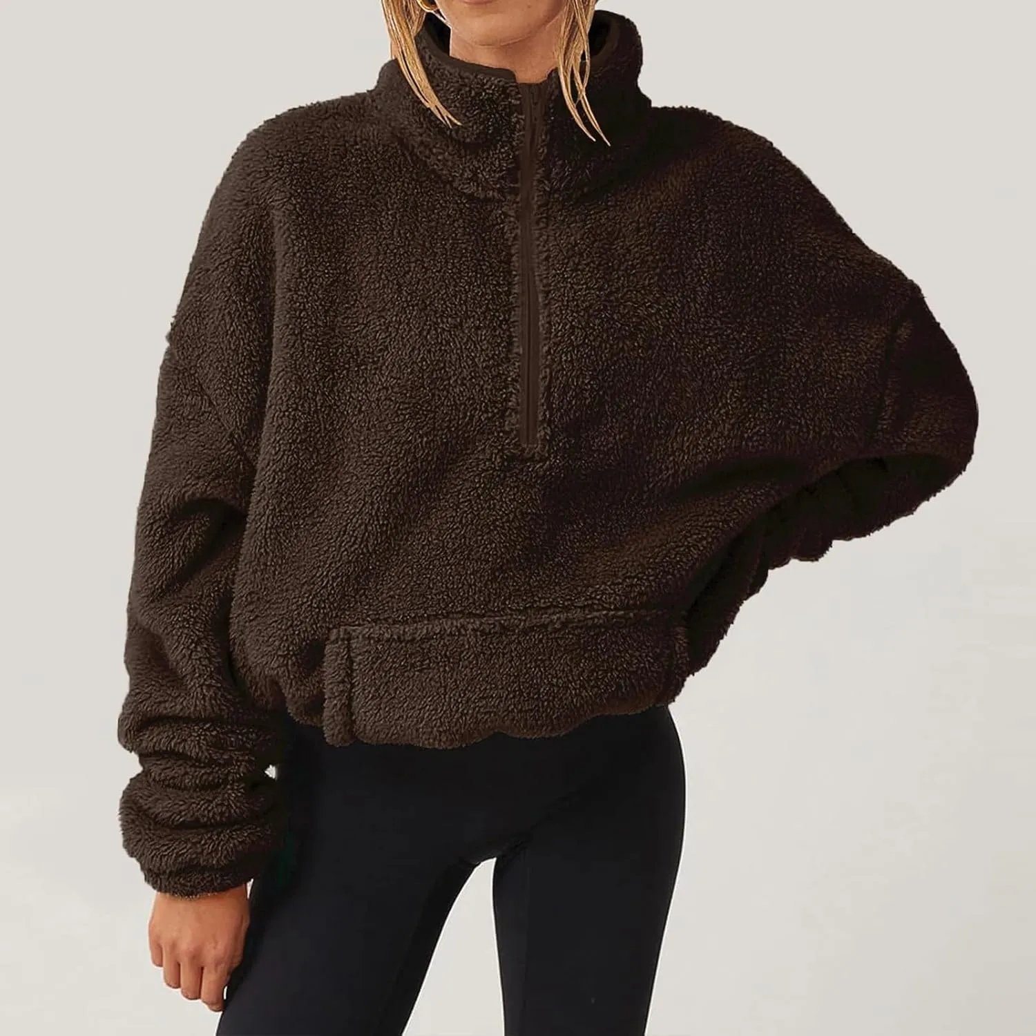 Womens Half Zip Pullover Cropped Sherpa Fuzzy Fleece Sweatshirt Stand Collar Loose Fall Outfits Warm Winter Clothes
