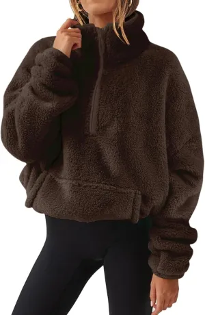 Womens Half Zip Pullover Cropped Sherpa Fuzzy Fleece Sweatshirt Stand Collar Loose Fall Outfits Warm Winter Clothes