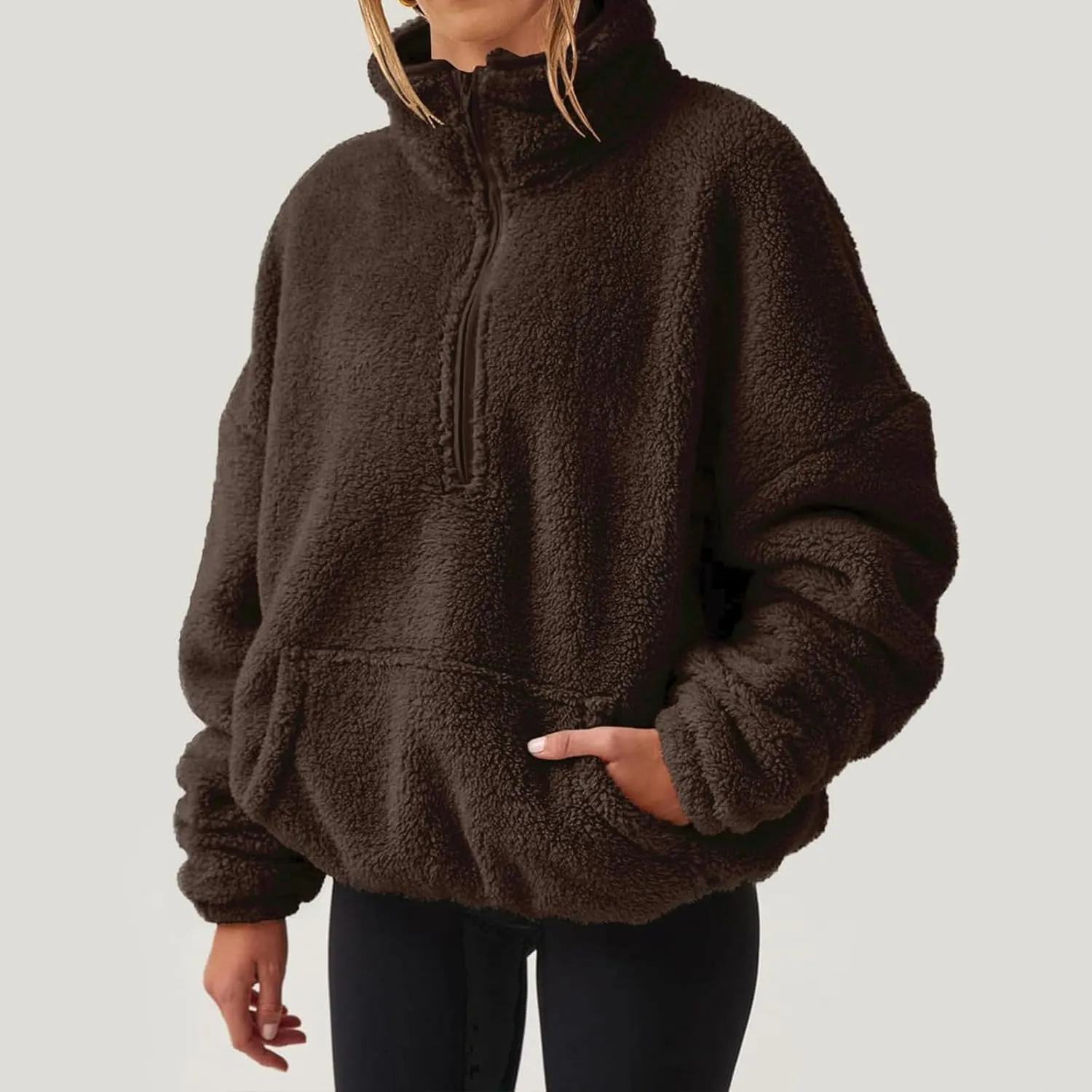 Womens Half Zip Pullover Cropped Sherpa Fuzzy Fleece Sweatshirt Stand Collar Loose Fall Outfits Warm Winter Clothes