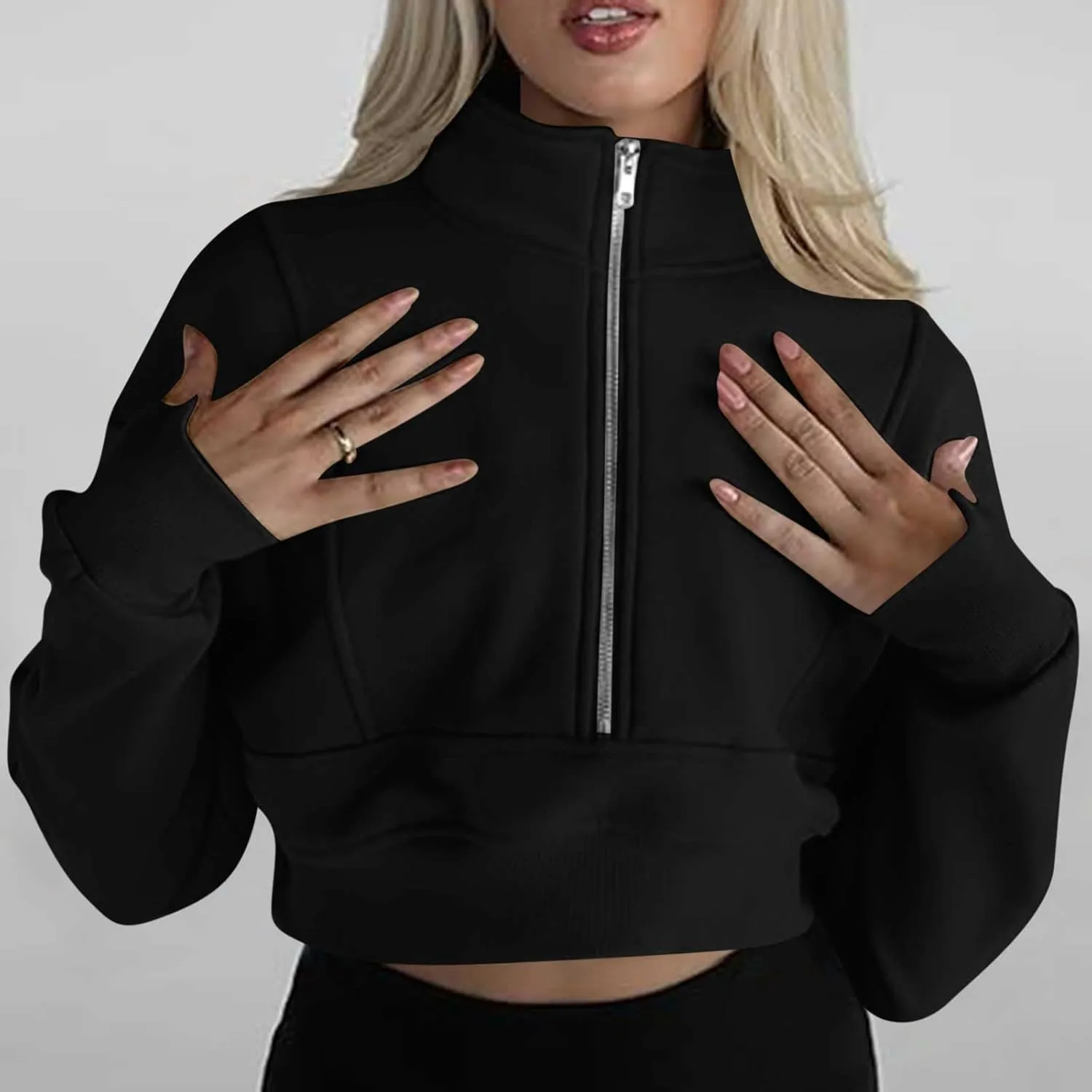 Women's Half Zipper Cropped Sweatshirts Casual High Neck Long Sleeve Pullover Y2K Crop Workout Tops with Thumb Hole