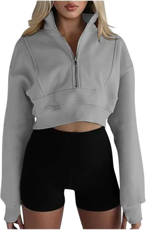 Women's Half Zipper Cropped Sweatshirts Casual High Neck Long Sleeve Pullover Y2K Crop Workout Tops with Thumb Hole